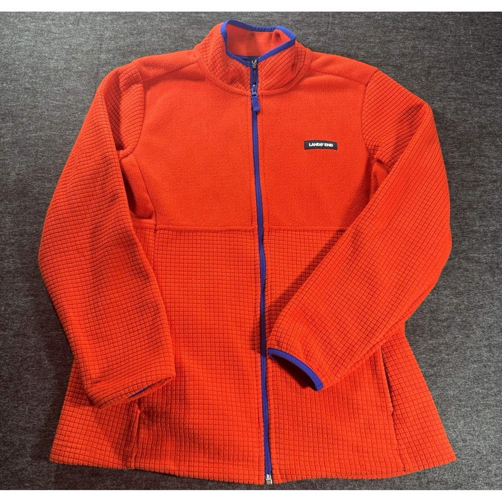 Lands End Jacket Womens Medium Red Orange Grid Fleece Full Zip Cozy Outdoor
